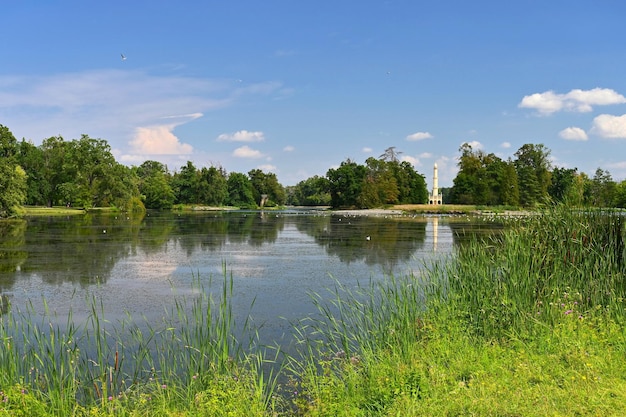 Lednice South Moravia Czech Republic A beautiful park with a lake in the castle grounds Landscape with nature in summer time