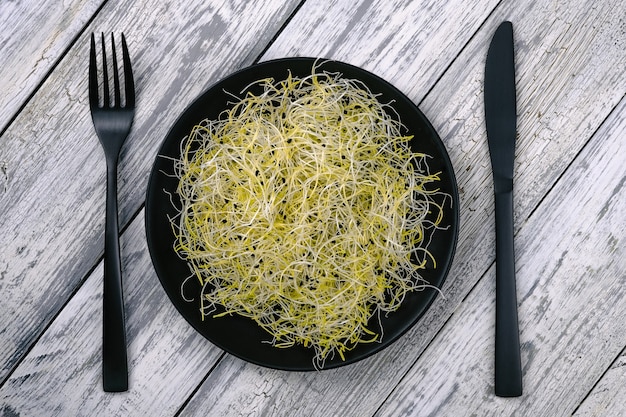 Leek seed sprouts in a black spoon on a grey rustic wooden table