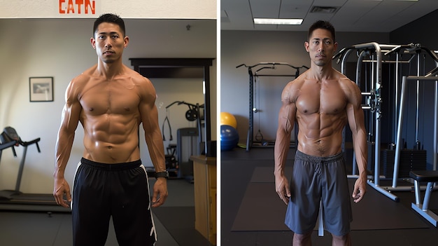 Photo left a man with dark hair and a muscular build stands in front of a mirror flexing his muscles