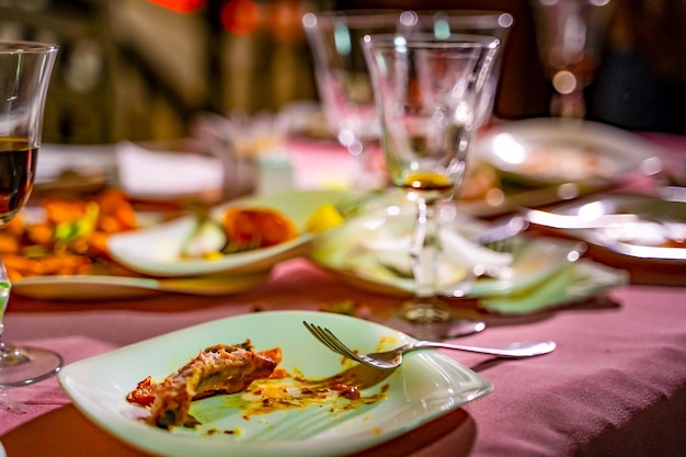 The leftover food and dirty dishes on the restaurant table