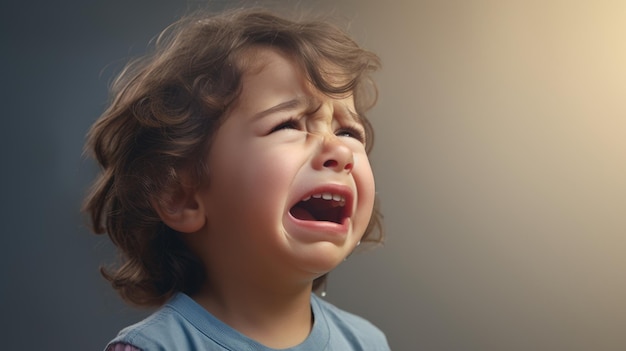 Leftside crying european little child on light gray background