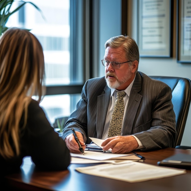 Photo legal counsel advising client in private office