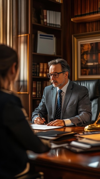 Photo legal counsel advising client in private office