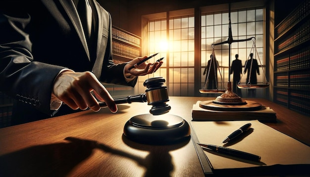 Legal Decision Making Judge's Gavel in Courtroom at Sunset