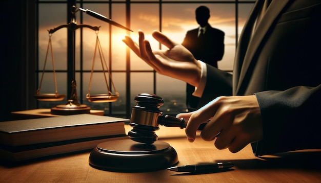 Legal Decision Making Judge's Gavel in Courtroom at Sunset