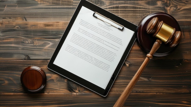 Legal documents on tablet with gavel and wooden block table