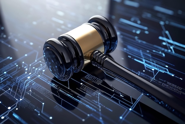 Photo a legal gavel and an ai circuit board the intersection of legal processes with advanced technology