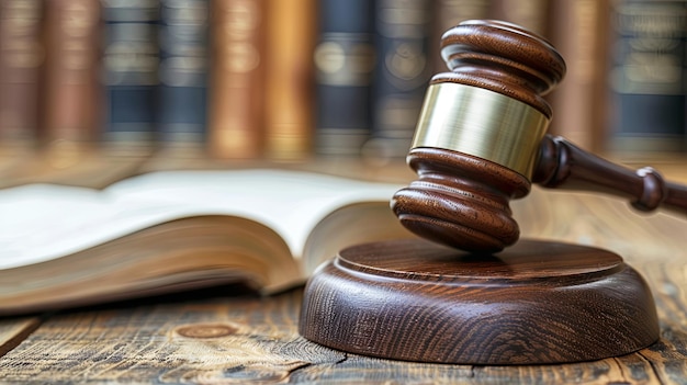 Legal gavel on wooden surface with open law book in background