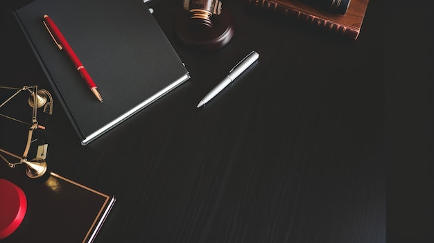 Photo legal office desk with a gavel scales and pencils