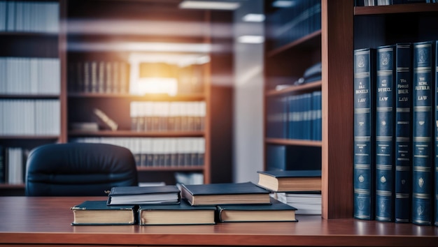 Photo legal office features blurred background with shelves of law books professional ambiance