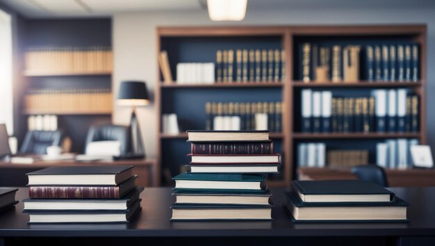 Photo legal office features blurred background with shelves of law books professional ambiance