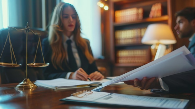 Photo legal team reviewing documents in a law office