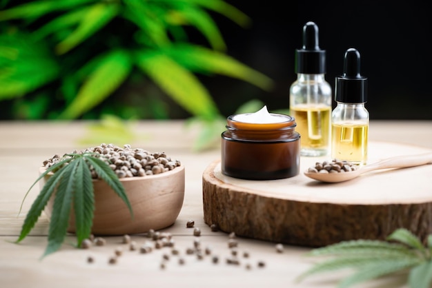 Legalized cannabis for skincare product features with set of CBD oil bottles