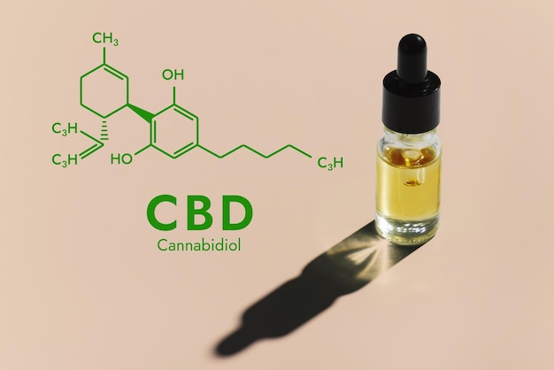 Legalized CBD oil in container with a dropper lid and biochemistry formula