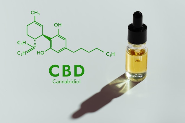 Legalized CBD oil in container with a dropper lid and biochemistry formula