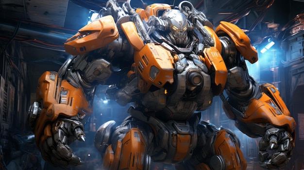 A legendary cyber titan full metal body big arms and hands dynamic pose digital painting Generative AI