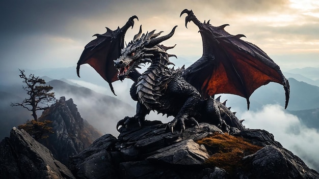 Legendary Dragon Perched On Cliff Overlooking Foggy Mountain Range