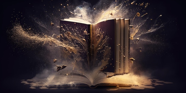 Legendary magic book or bible opening with fairy flying particles