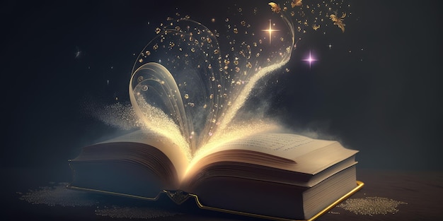 Legendary magic book or bible opening with fairy flying particles