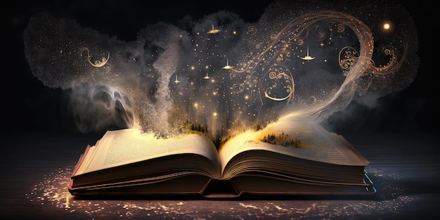 Legendary magic book or bible opening with fairy flying particles