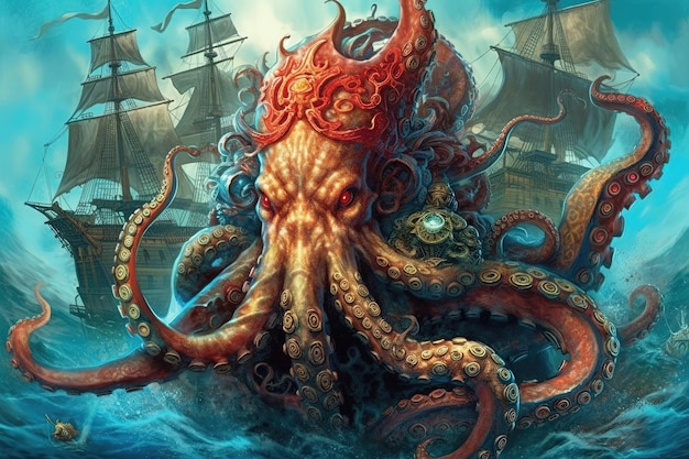 Legendary octopus pirate captain with its tentacles adorned in intricate tattoos commands a crew of loyal marine illustration generative ai