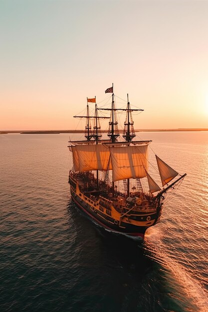 Legends of the sea a sailing ship in the open sea at sunset