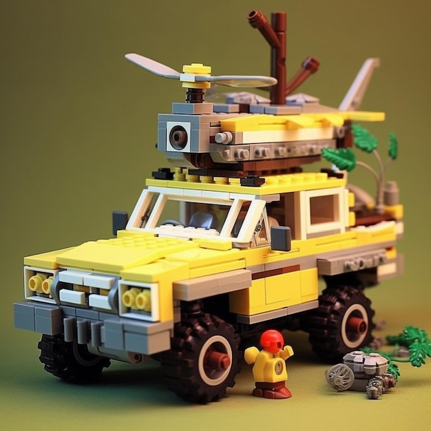 Photo lego army vehicle with a man standing next to it generative ai