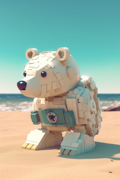 A lego bear on the beach with a camera on its chest.