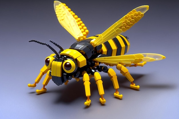 A lego bee with yellow and black stripes is shown.