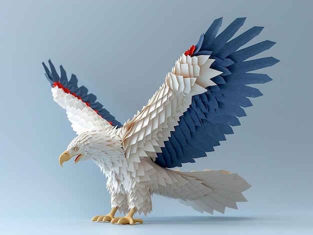 a lego bird with a red and blue tail and the word eagle on the bottom