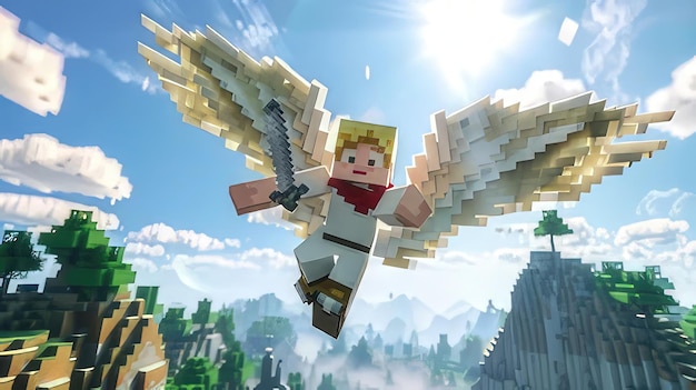 Photo a lego boy with a sword in his hand is flying in the sky