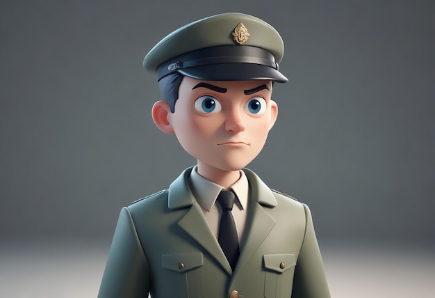 Photo a lego character with a blue eyes and a uniform that says quot hes a character quot