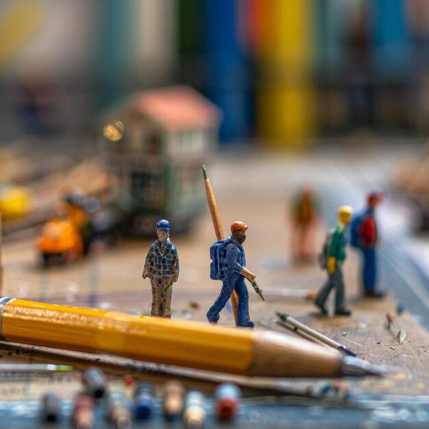 Photo a lego display with a yellow boat and a wooden boat with a long stick in the middle