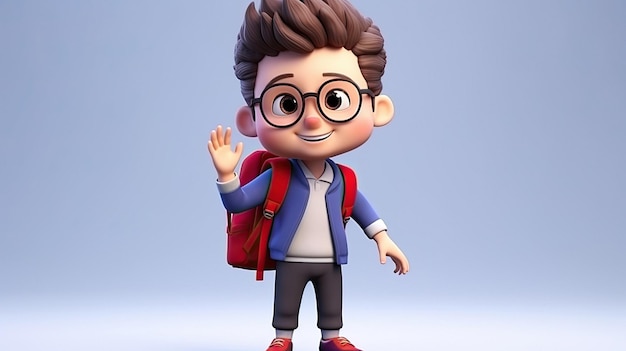 A lego figure of a boy with glasses and a red backpack.