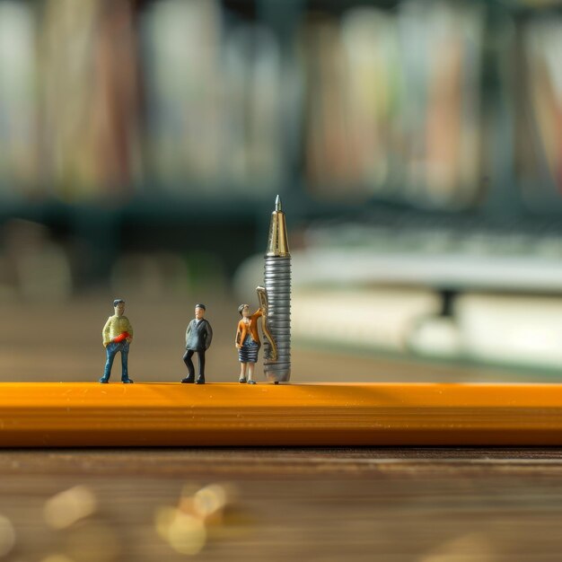 Photo a lego figure is on a wooden surface with a pencil on top