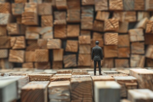 Photo a lego figure stands in front of a pile of wood