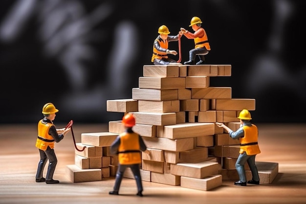 Photo a lego figure with orange vests and yellow vests is on a stack of bricks