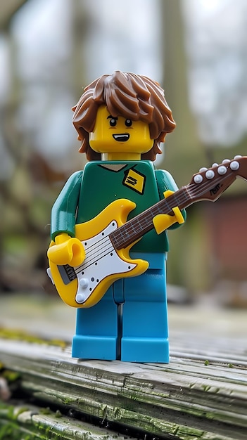 Photo a lego lego figure with a guitar in the middle of it