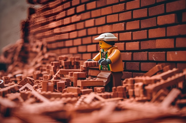 A lego man is building a brick wall with a brick wall behind him.