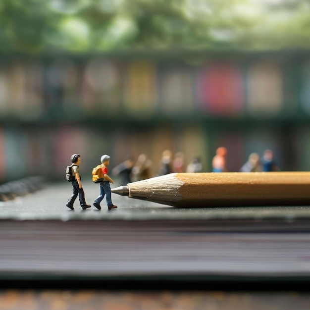 a lego man is walking past a pencil with a man in a suit on it