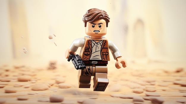 a lego man with a gun in his hand is wearing a vest