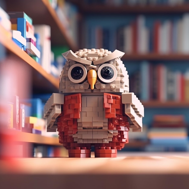 A lego owl with a red heart on its chest stands on a shelf.