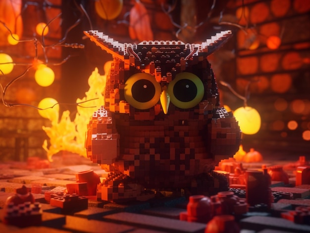 A lego owl with a yellow eye and a black nose.