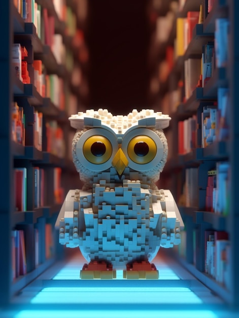 A lego owl with yellow eyes stands in a library.