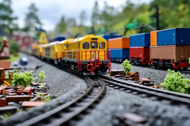 lego railway track with a string of container trains highlighting the importance of rail transport