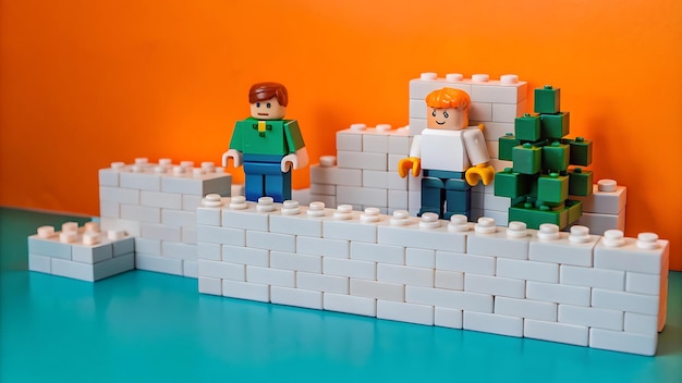 Photo a lego set of legos with a man and woman standing in front of a brick wall