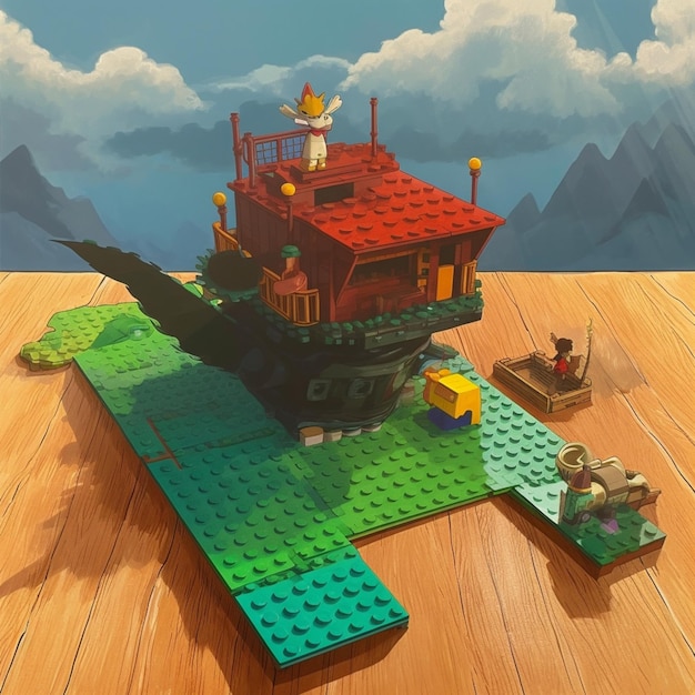 Legos are sitting on a table with a boat and a dragon generative ai