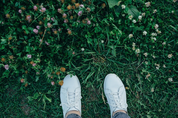 The legs of a beautiful girl in a white  shoes are standing in the tall green grass