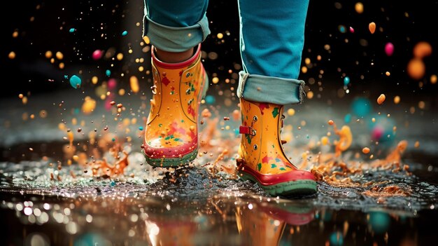 Photo legs of child in blue rubber boots jumping in autumn puddles high quality photo