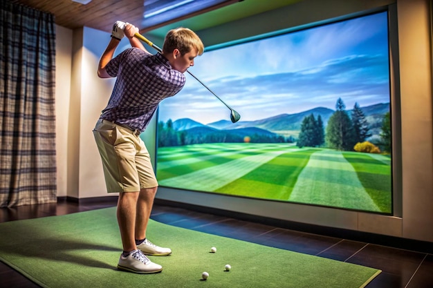 Photo legs of man playing golf on screen young golfer playing golf video game indoors on simulator